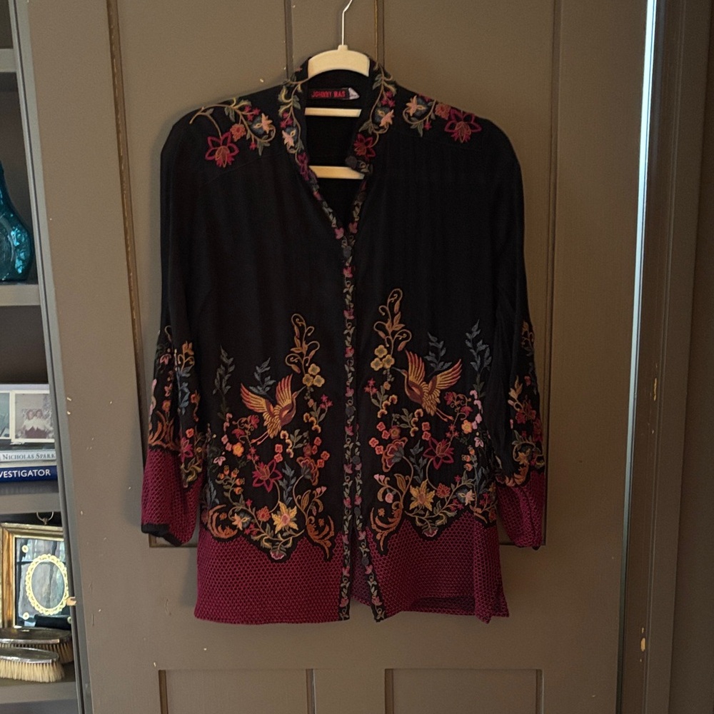 Embroidered Black & Burgundy Floral Bird shirt